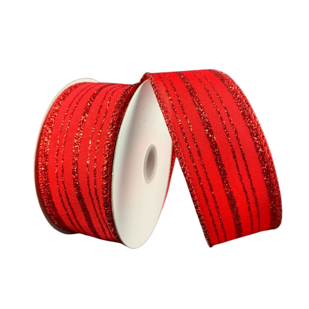 1.5 Red Satin w/ Red Glitter Stripes Ribbon - 10Yd – The Wreath Shop